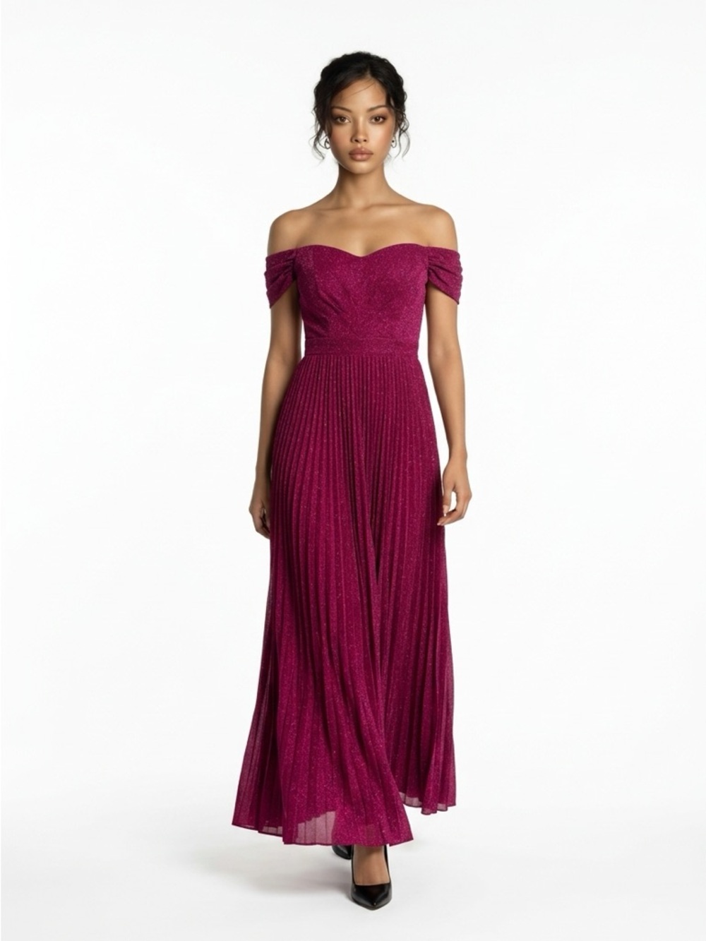 Off-Shoulder Pleated Gown in Deep Berry